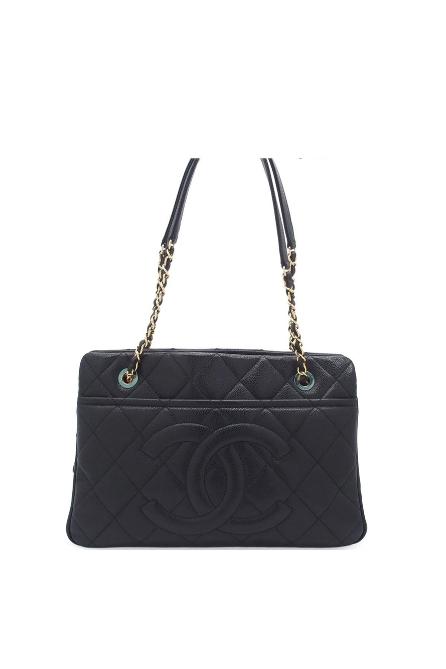 Chanel Jumbo CC Logo Mark Black Gold Caviar Leather Tote Shoulder Bag